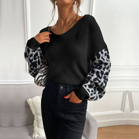 Damen casual Pullover mit modischem Leopardenmuster und lockerer Passform EB