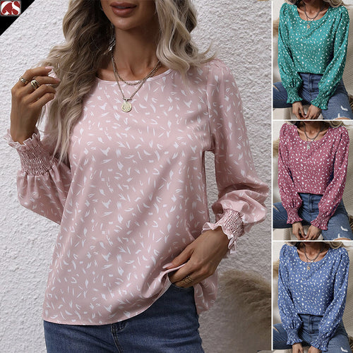 Damen elegante Bluse mit raffinierten Puffärmeln und zartem Muster EB