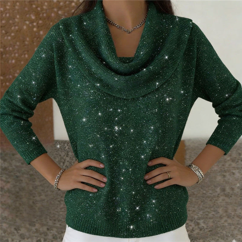 Damen nan fein gestrickter Pullover mit Wasserfallkragen und geripptem Saum EB