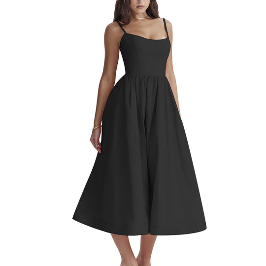 Damen elegantes Midikleid mit Spaghetti-Trägern und fließendem Rock EB