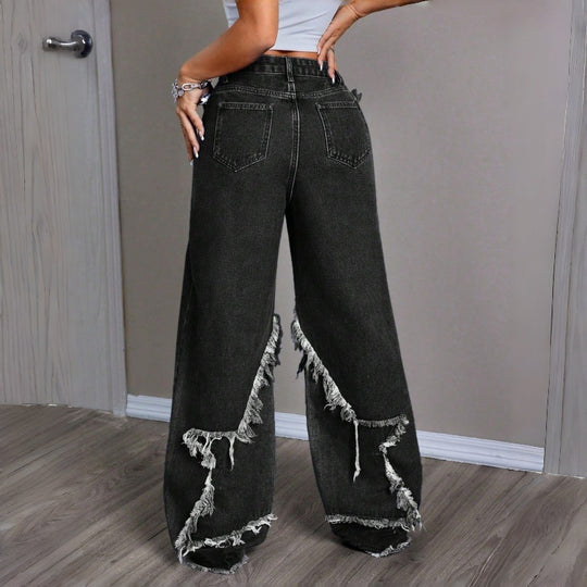 Damen Weite Jeans im modernen Destroyed-Look mit fransigen Details EB