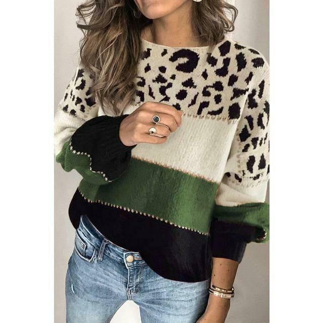 EB | Pullover - Damen Herbst Leopard Patchwork Strickpullover