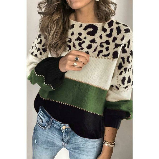 EB | Pullover - Damen Herbst Leopard Patchwork Strickpullover