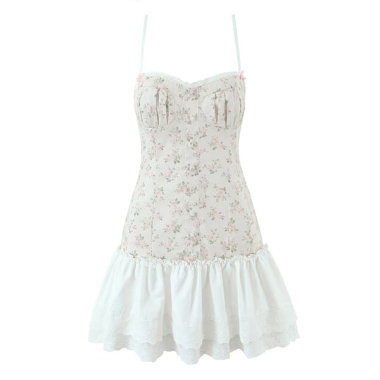 Damen luftiges Sommerkleid mit floralem Muster und voluminösem Rüschensaum EB