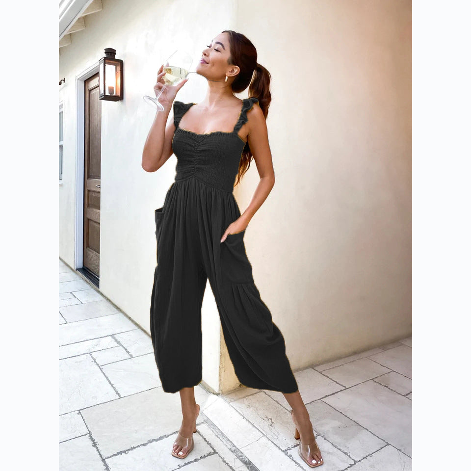 Damen Lässiger Jumpsuit mit frillenden Trägern und praktischen Taschen EB