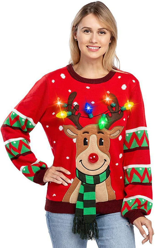 Damen nan weihnachtlicher Strickpullover mit Rentierapplikation integrierter Lichterkette und dreidimensionalem Nasenpompom EB
