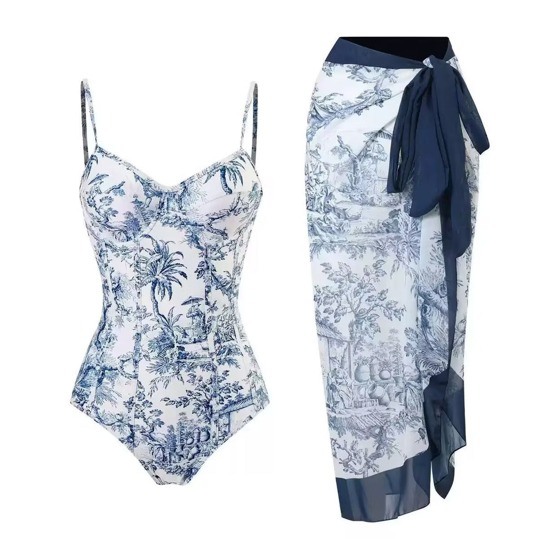 Damen Zweiteiliges Badeanzug-Set mit elegantem Wickelrock und floralem Druck EB