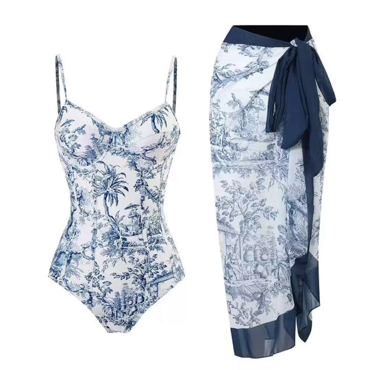 Damen Zweiteiliges Badeanzug-Set mit elegantem Wickelrock und floralem Druck EB