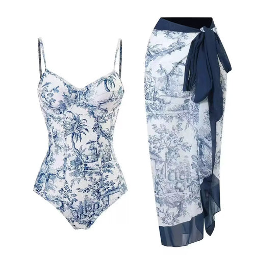 Damen Zweiteiliges Badeanzug-Set mit elegantem Wickelrock und floralem Druck EB