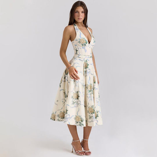 Damen Elegantes Blumen-Midikleid mit tiefem V-Ausschnitt EB