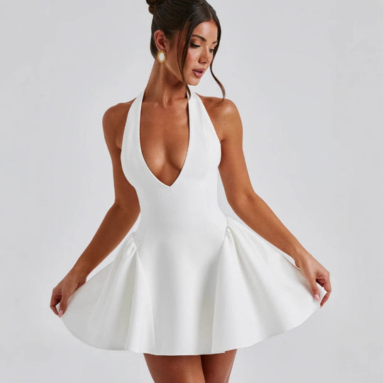 Damen Verspieltes Cocktailkleid mit tiefem V-Ausschnitt und schwingendem Rock EB