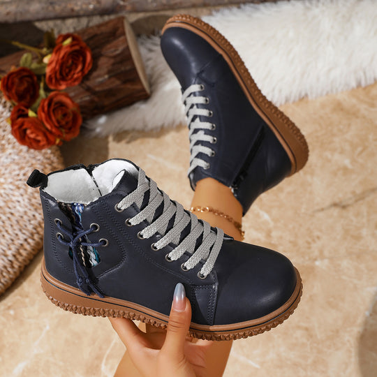 Damen gefütterte Schnürstiefelette mit Teddyfutter, seitlichem Reißverschluss und profilierter Gummisohle EB