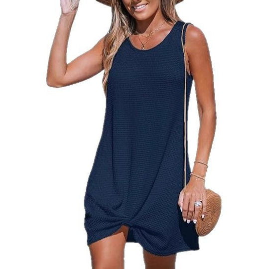 Damen lässiges Sommerkleid aus strukturierter Baumwolle mit verspieltem Knoten EB