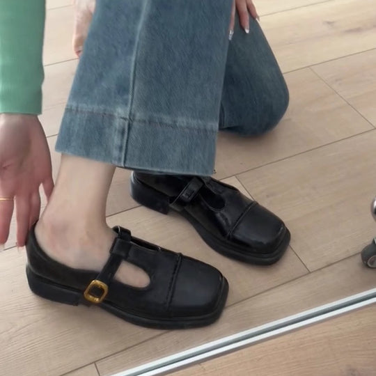 Damen elegante T-Strap Ballerinas mit modischer Schnallenverzierung EB