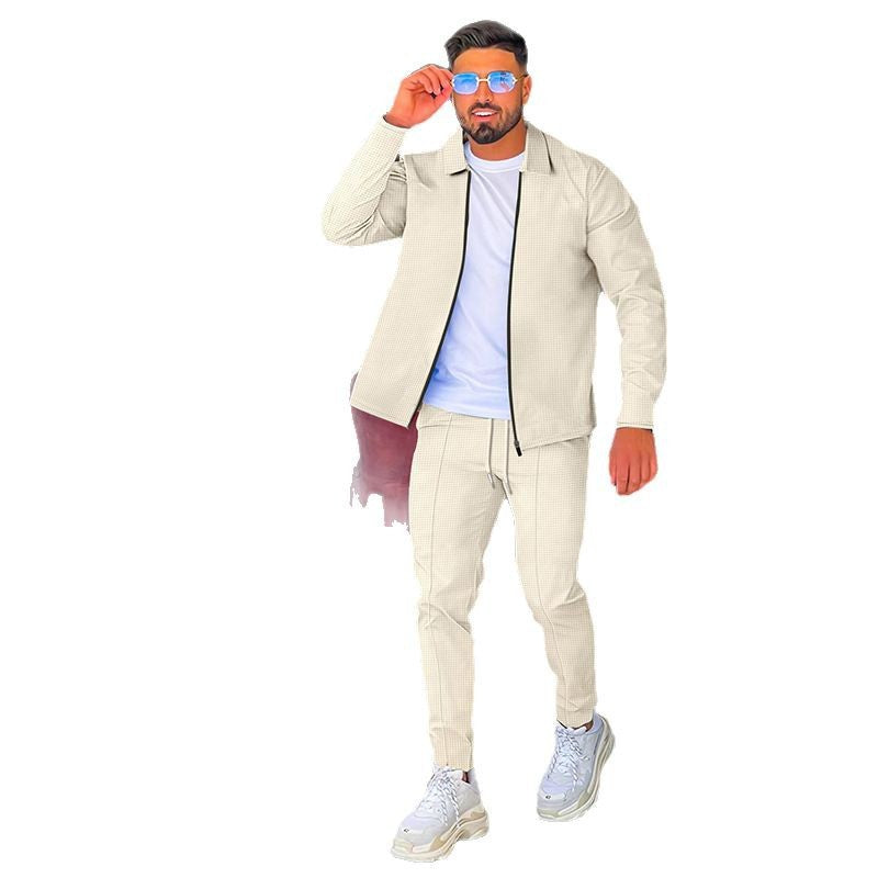 Herren nan Waffelstruktur-Halbzip-Lounge-Set mit Kentkragen, langem Arm und konischer Jogginghose EB