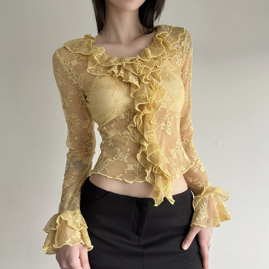 Damen Spitzenbluse mit Rüschendetails EB