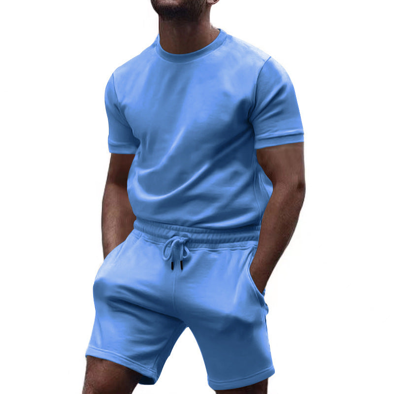 Herren nan minimalistisches Jersey-Ensemble mit bequemem Rundhalsshirt und elastischer Tunnelzug-Kurzhose EB