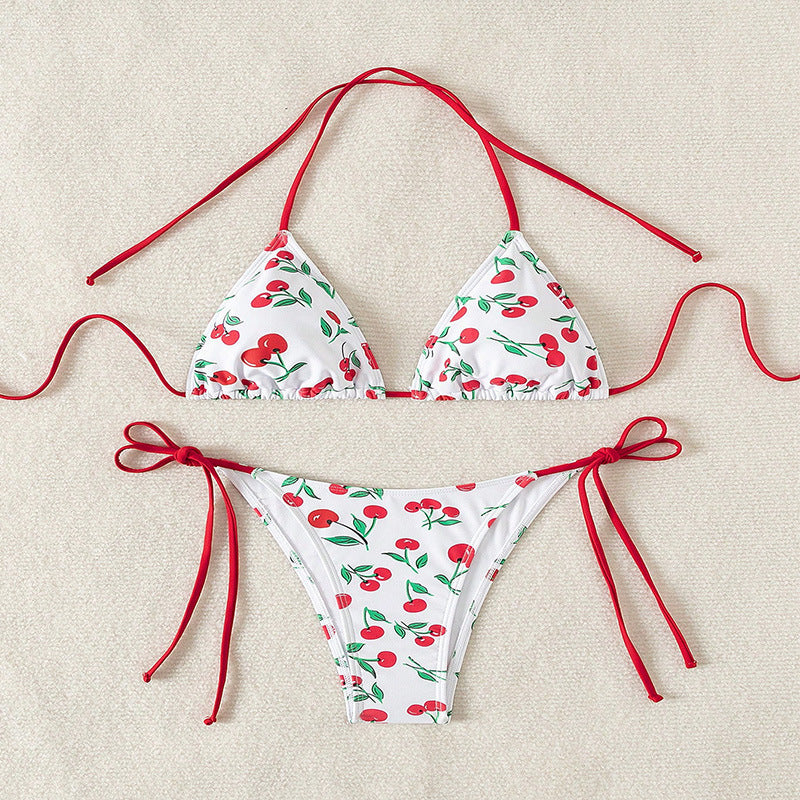 Damen Triangel-Bikini mit frischem Kirschmotiv und verstellbaren Bindebändern EB