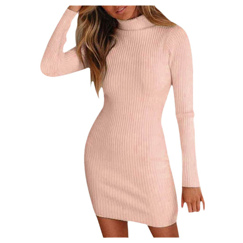 Damen figurbetontes Rippkleid mit hohem Kragen und Seitenschlitz EB