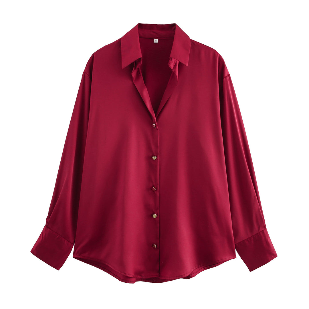 Damen nan oversized Satinbluse mit Hemdkragen, verlängerten Manschetten und abgerundetem Saum EB