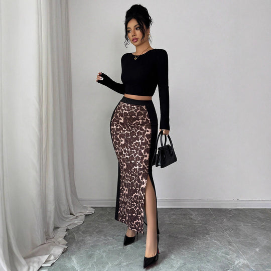 Damen nan taillierter Bleistiftmidirock mit Animal-Print-Mittelbahn und seitlichem Oberschenkel-Schlitz EB
