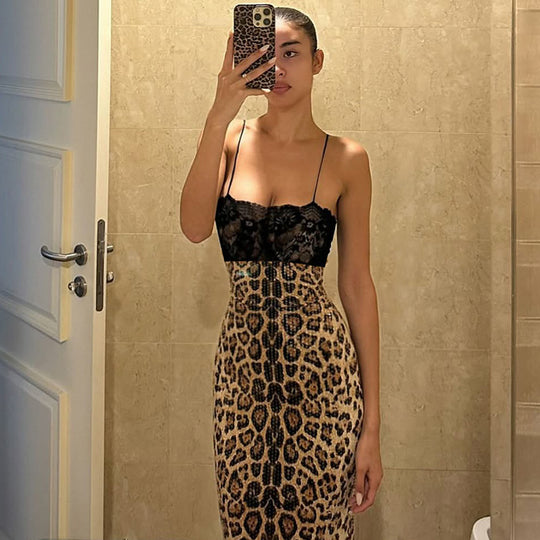 Damen Elegantes und verführerisches Leopardenspitzenkleid EB