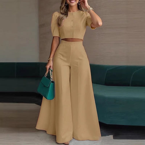 Damen elegantes kurzes Oberteil mit Puffärmeln und hochgeschnittenen Palazzo-Hosen EB