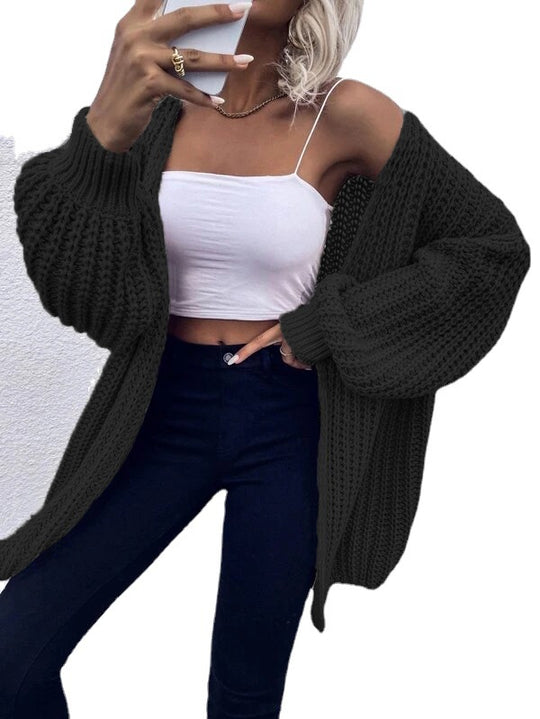 Damen Grobstrick-Cardigan mit voluminösen Ärmeln und offener Vorderseite EB