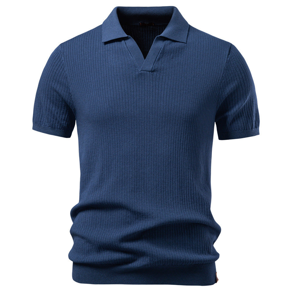 Herren nan fein geripptes Kurzarm-Poloshirt mit offenem Kentkragen EB