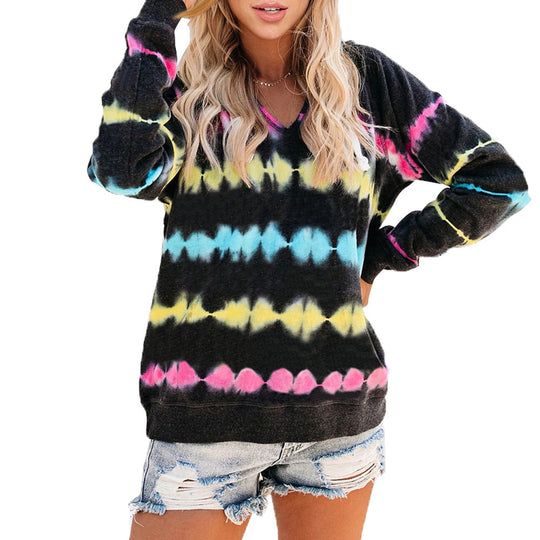 Damen lässiger V-Ausschnitt Pullover im modischen Tie-Dye-Design EB