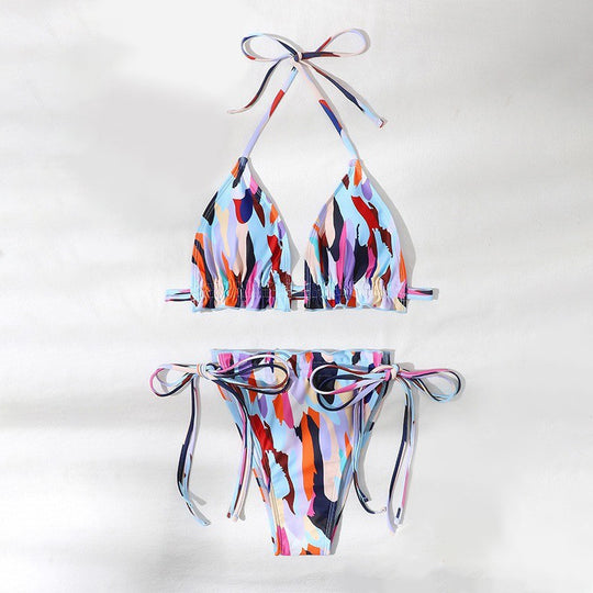 Damen Triangel-Bikini mit doppeltem Rüschendesign und verstellbarem Bindeband EB