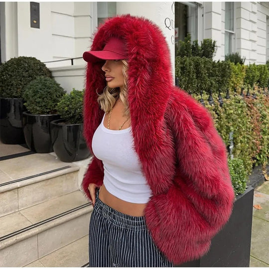 Damen oversized Kunstpelz-Jacke mit Kapuze und weiten Ärmeln EB