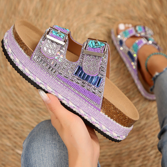 Damen modische Plateau-Sandalen mit funkelnden Schmuckelementen EB