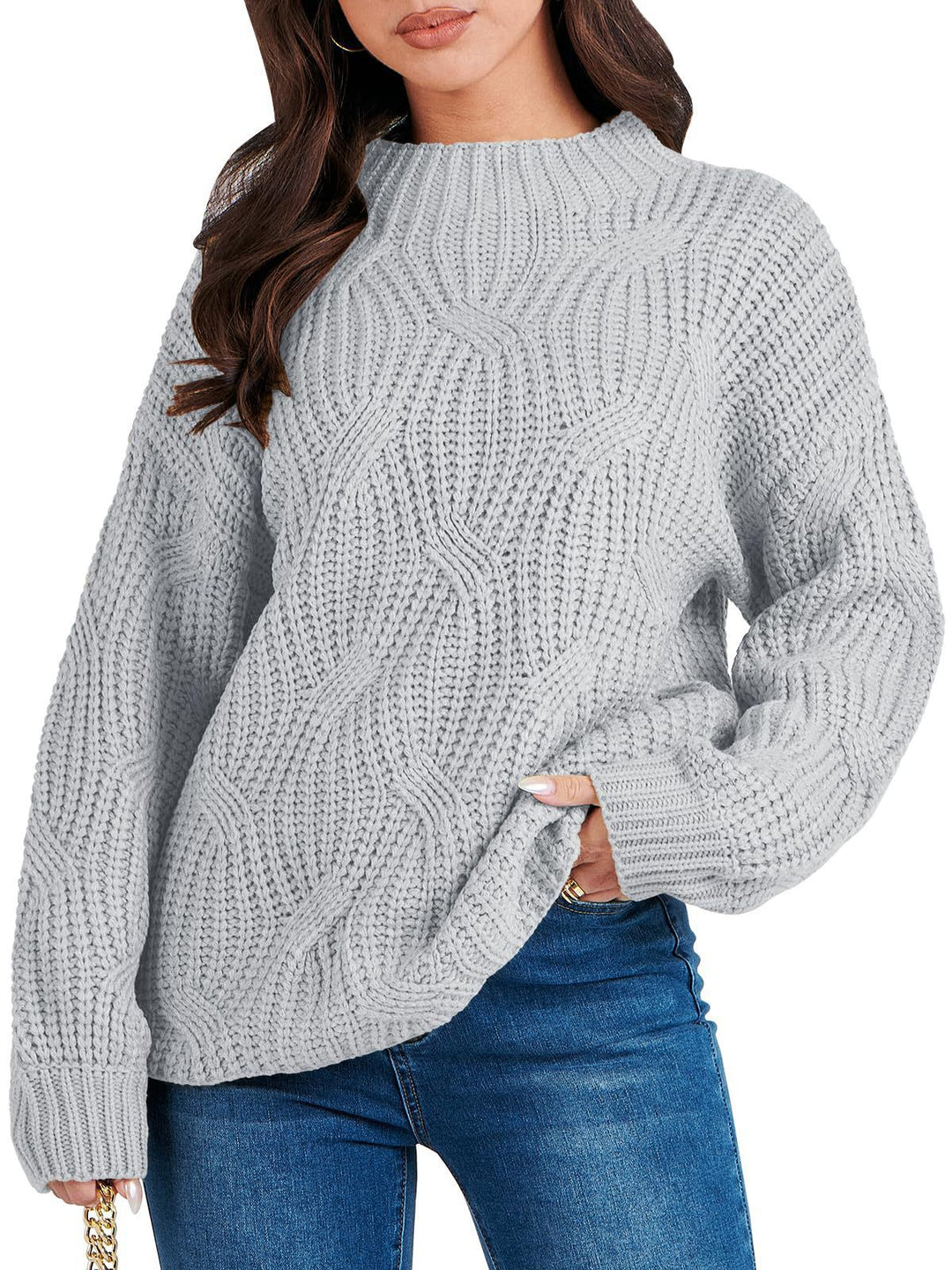 Damen Grobstrickpullover mit extravagantem Wellenmuster und hohem Kragen EB