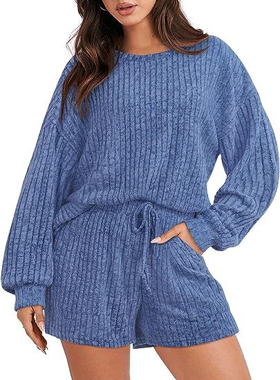 Damen gemütlicher Fleece Lounge-Anzug mit weiten Ärmeln und elastischem Bund EB