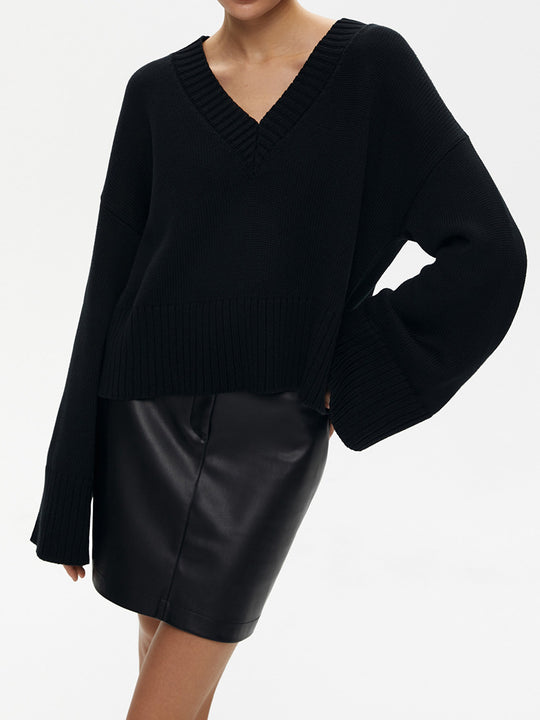Damen Strickpullover mit tiefem V-Ausschnitt und lässigem Schnitt EB
