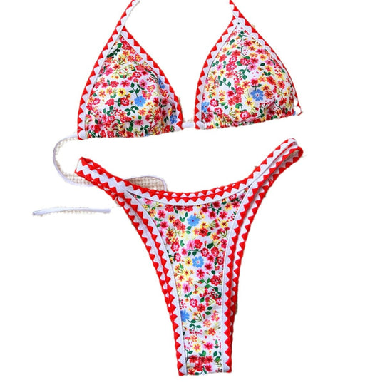 Damen Triangel-Bikini mit floralen Mustern und verspielten Details EB
