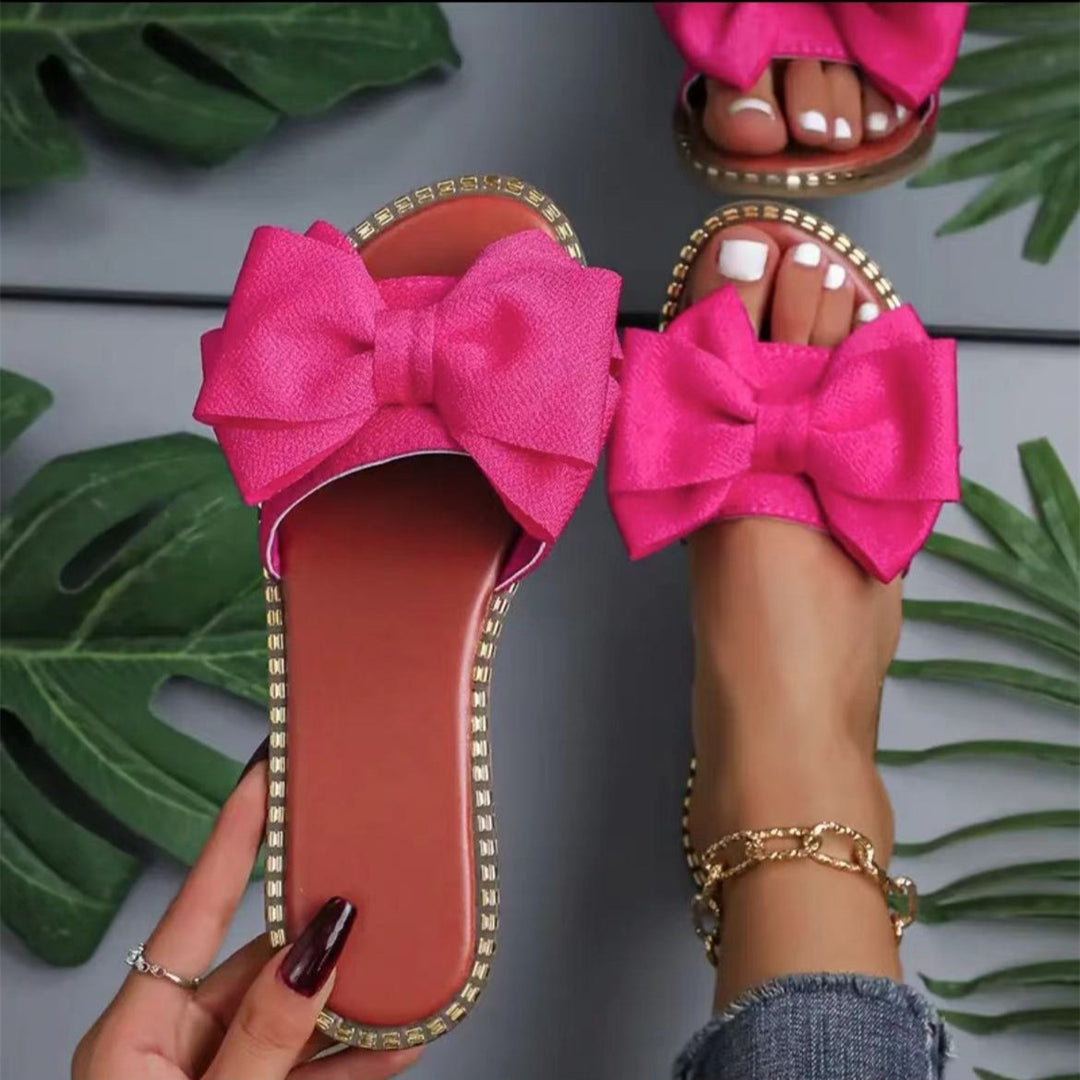 Damen elegante Sommer-Pantoletten mit großem Schleifen-Detail EB