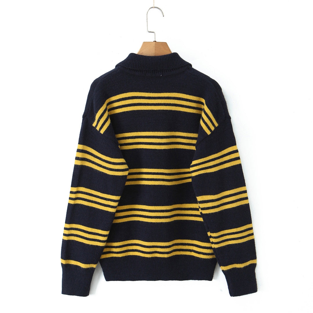 Damen gestreifter Poloshirt-Strickpullover EB