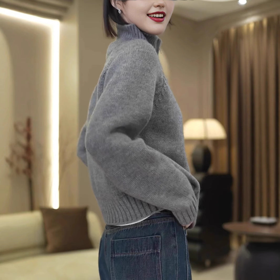 Damen Strickpullover mit hohem Kragen und praktischem Reißverschluss EB