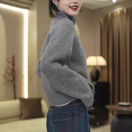 Damen Strickpullover mit hohem Kragen und praktischem Reißverschluss EB