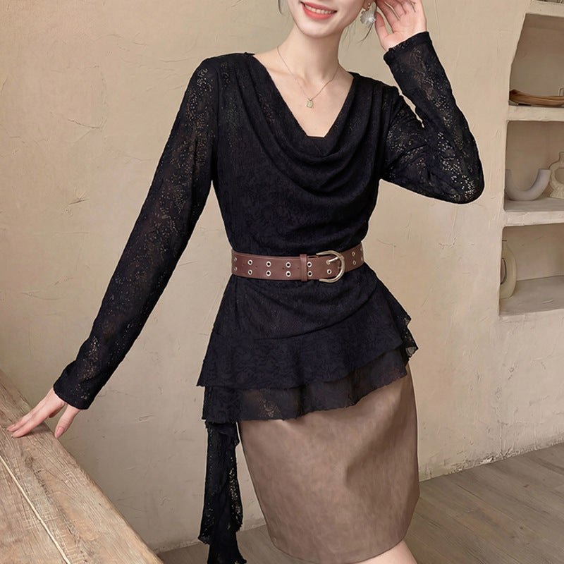 Damen  drapiertes Spitzen-Top mit asymmetrischem Zipfelsaum und Taillengürtel EB