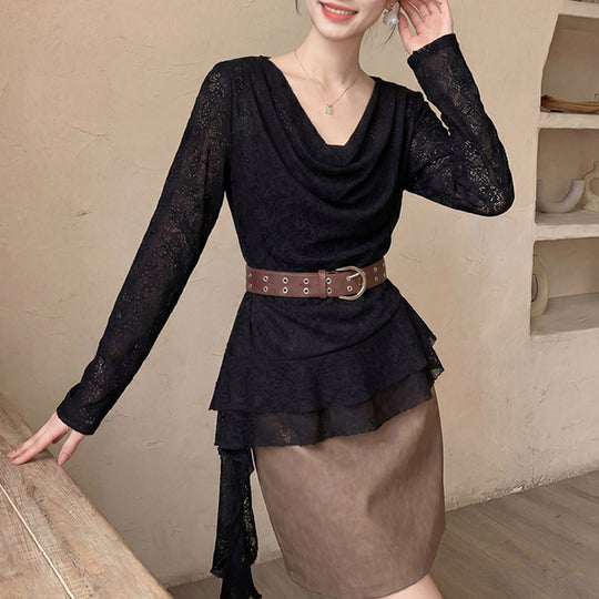 Damen  drapiertes Spitzen-Top mit asymmetrischem Zipfelsaum und Taillengürtel EB