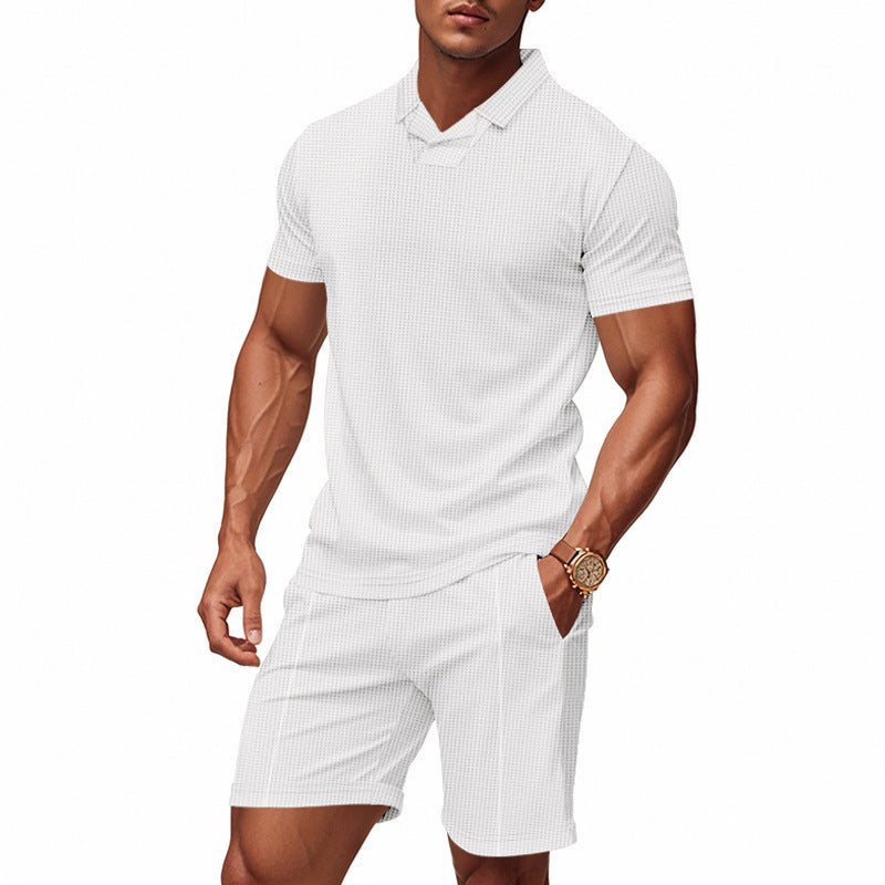 Herren nan lässiges Waffelstruktur-Freizeitset mit Reverskragen-Kurzarmshirt und elastischen Freizeitshorts EB