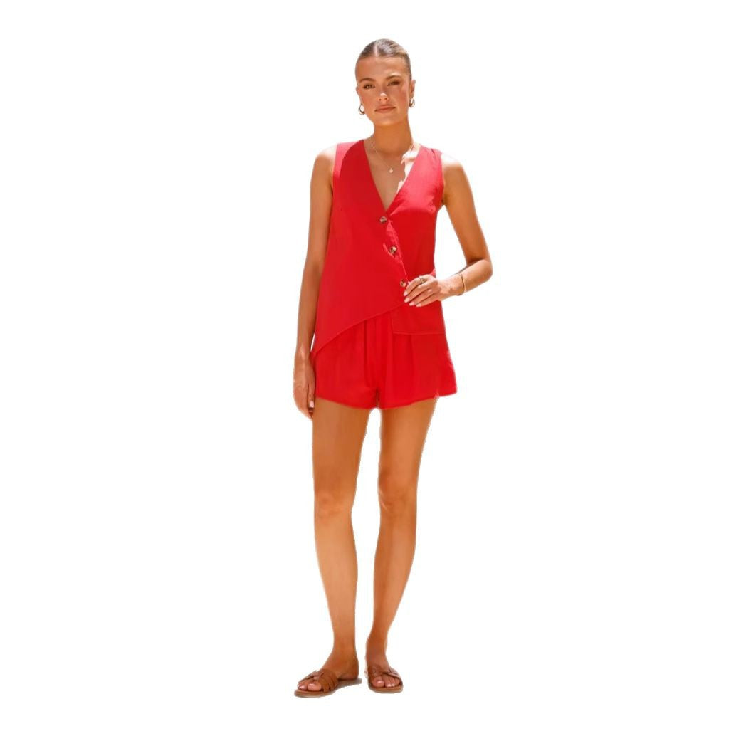 Damen lässiges Sommer-Outfit mit V-Ausschnitt und asymmetrischem Schnitt EB