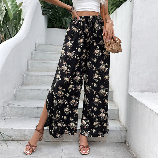 Damen Palazzo-Hose mit floralem Muster und hohen Schlitzen EB