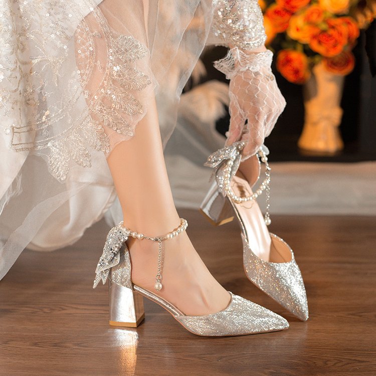 Damen elegante Glitzer-Pumps mit verzierten Fesselriemen EB
