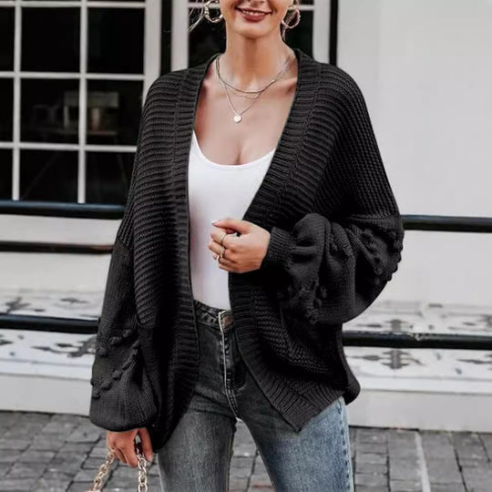 Damen Grobstrick-Cardigan mit voluminösen Puffärmeln und strukturierter Oberfläche EB