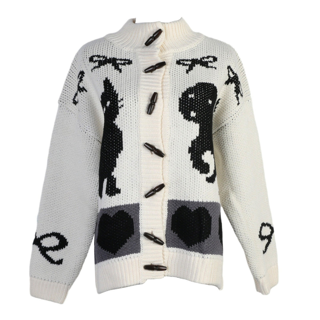 Damen Strickjacke mit verspielten Tiermotiven und Knopfdetaillierung EB