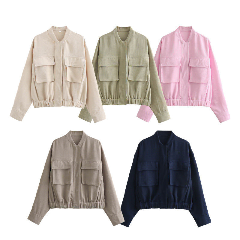 Damen elegante Utility-Jacke mit großen Taschen und elastischem Saum EB